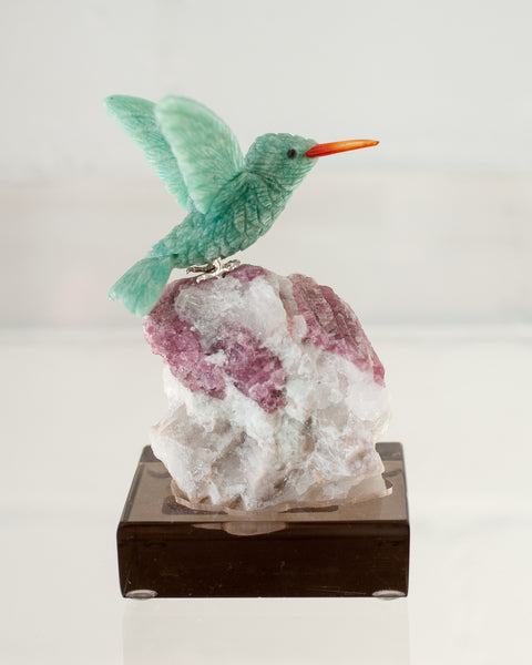 AMAZONITE HUMMINGBIRD ON RUBELLITE TOURMALINE BASE