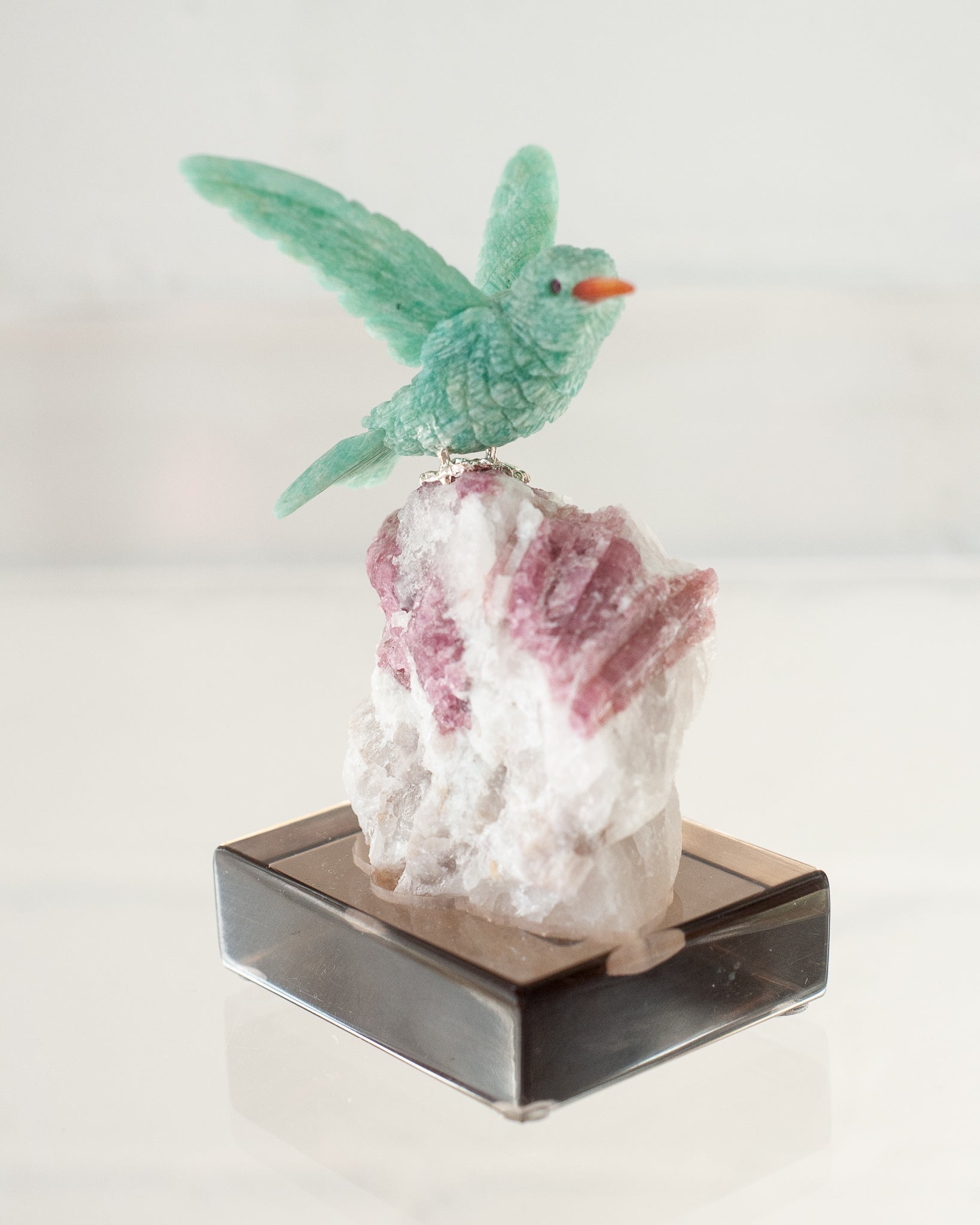 AMAZONITE HUMMINGBIRD ON RUBELLITE TOURMALINE BASE