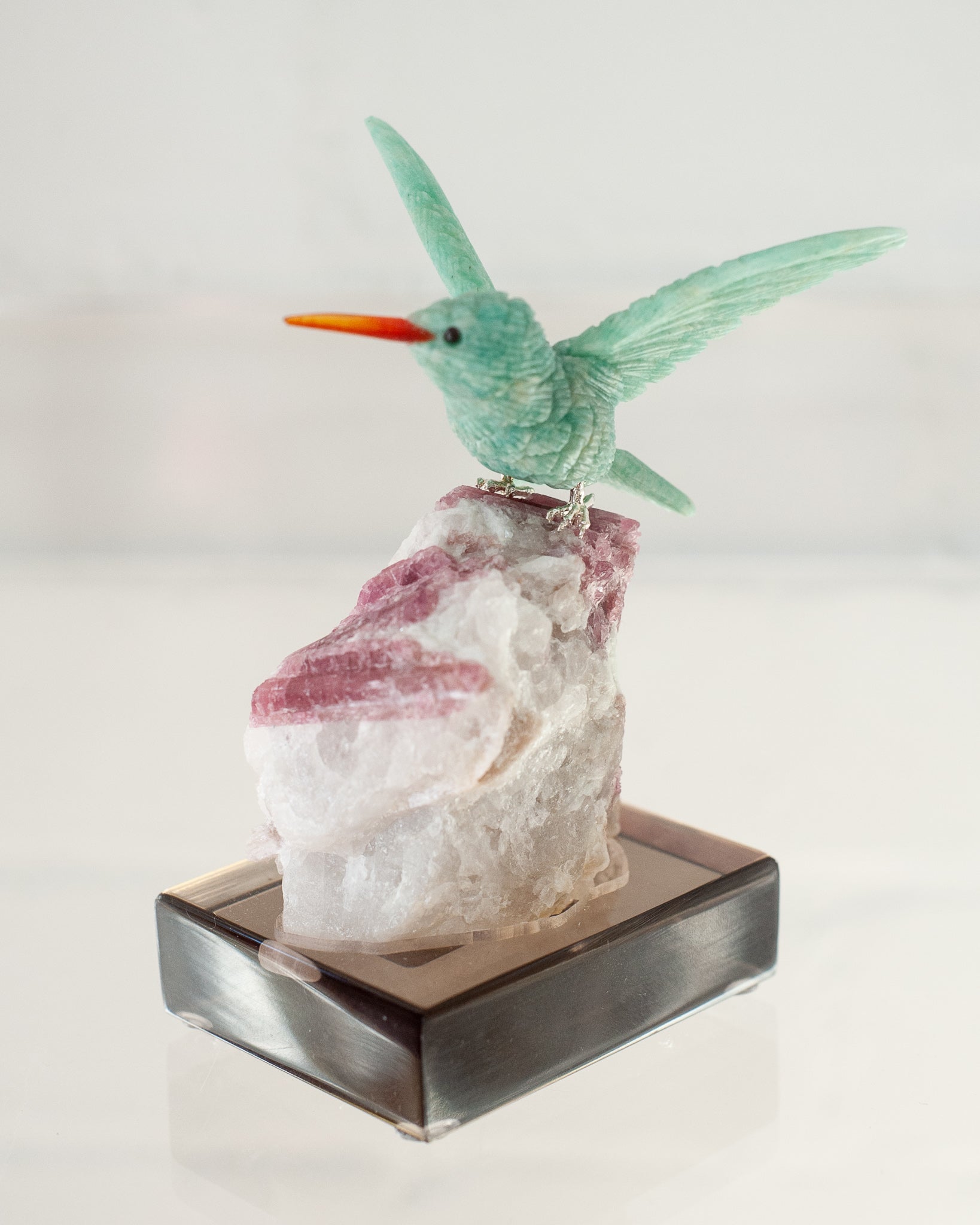AMAZONITE HUMMINGBIRD ON RUBELLITE TOURMALINE BASE