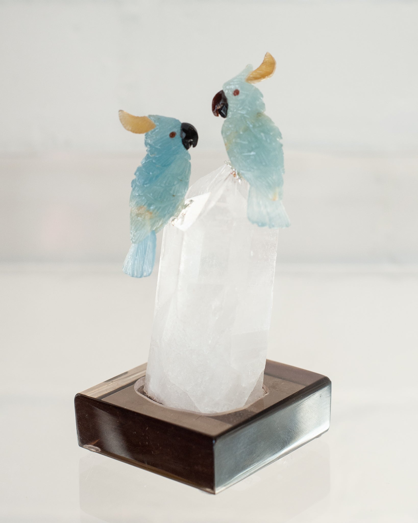 BLUE CALCITE LOVEBIRD PAIR ON QUARTZ POINT BASE