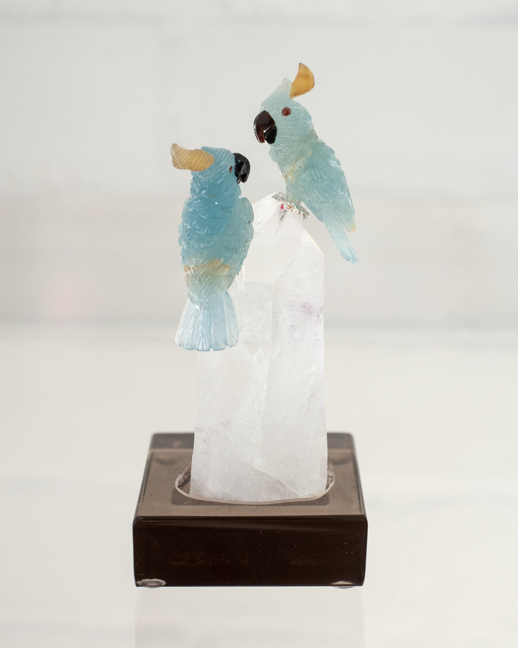 BLUE CALCITE LOVEBIRD PAIR ON QUARTZ POINT BASE