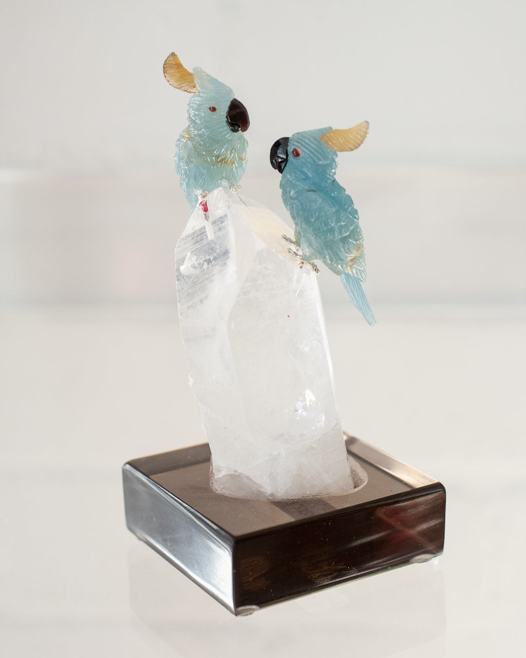BLUE CALCITE LOVEBIRD PAIR ON QUARTZ POINT BASE