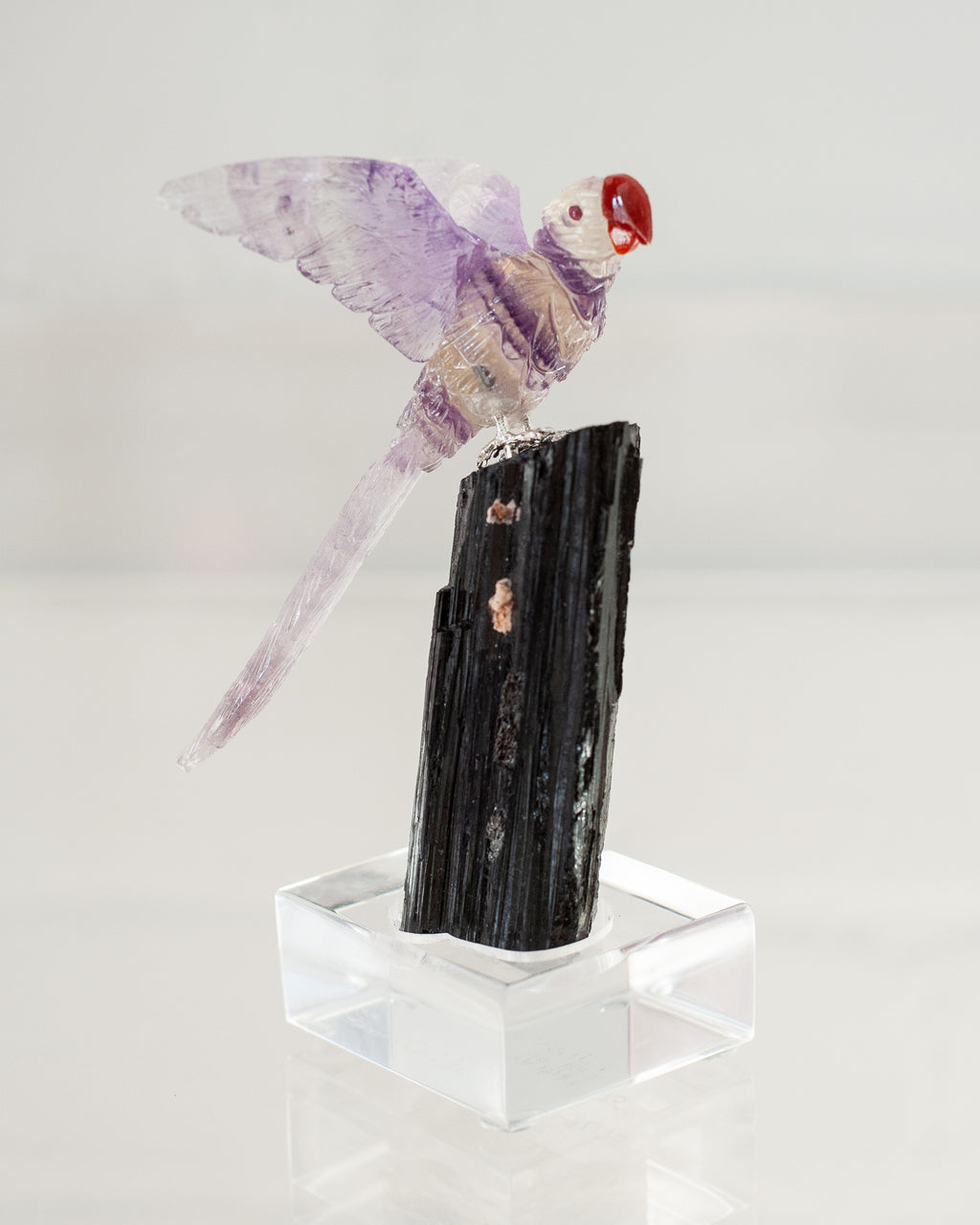 FLUORITE & AMETHYST MACAW ON BLACK TOURMALINE BASE