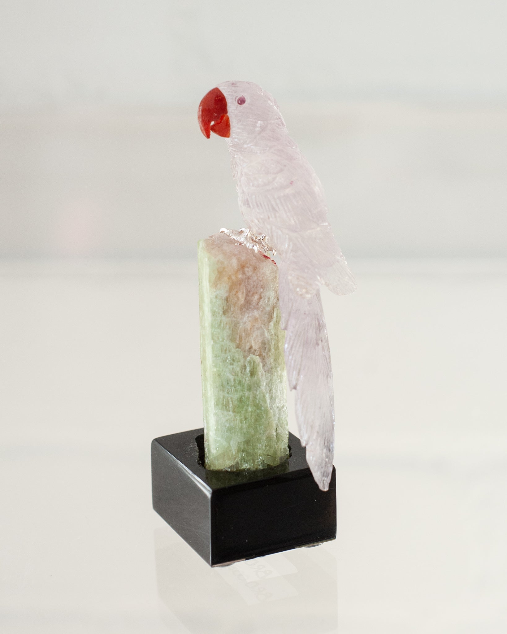 AMETHYST MACAW ON TOURMALINE & QUARTZ BASE