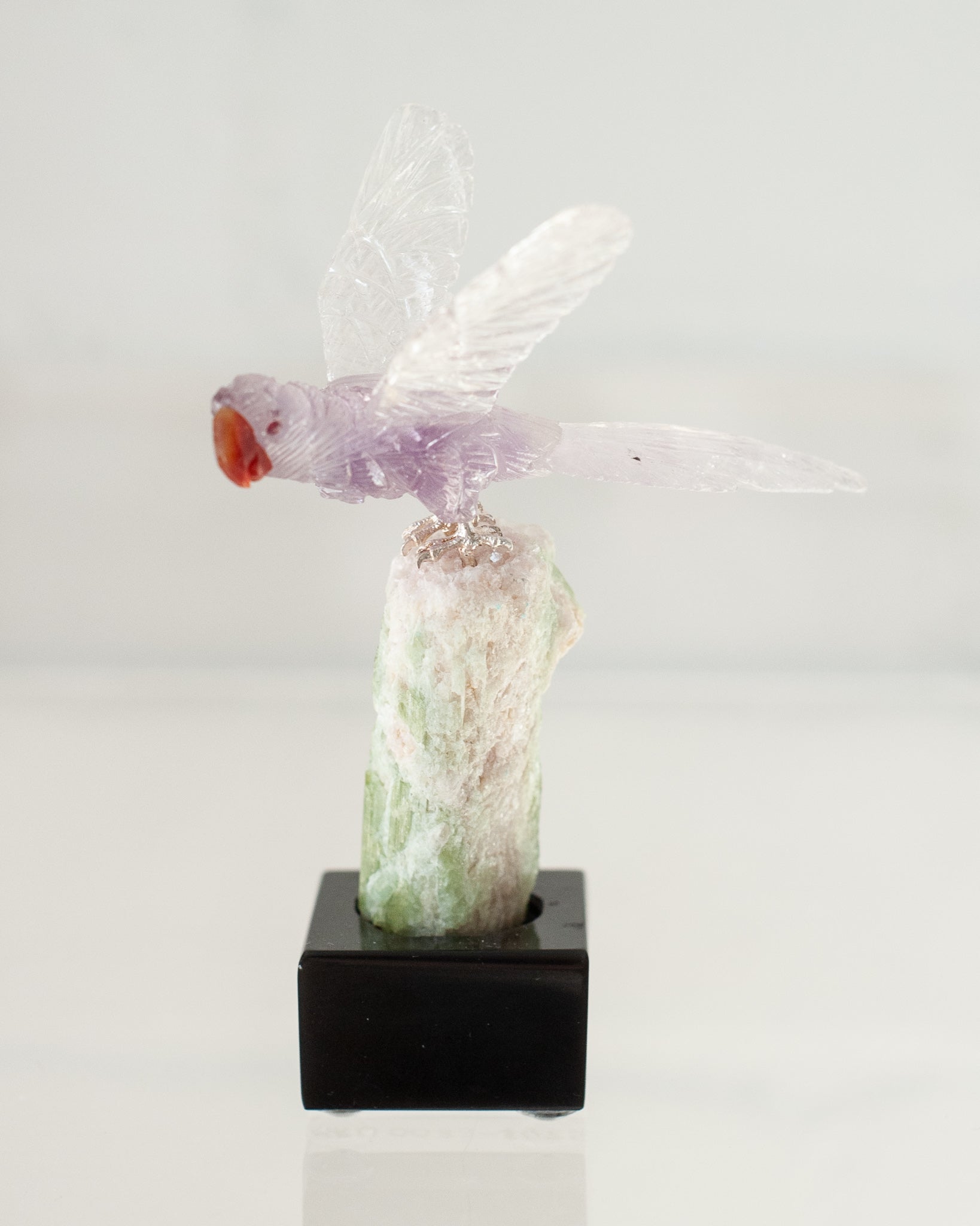 AMETHYST MACAW ON TOURMALINE & QUARTZ BASE
