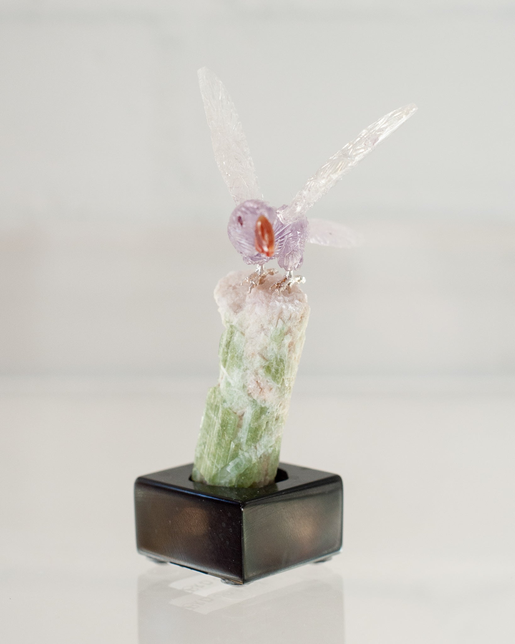 AMETHYST MACAW ON TOURMALINE & QUARTZ BASE