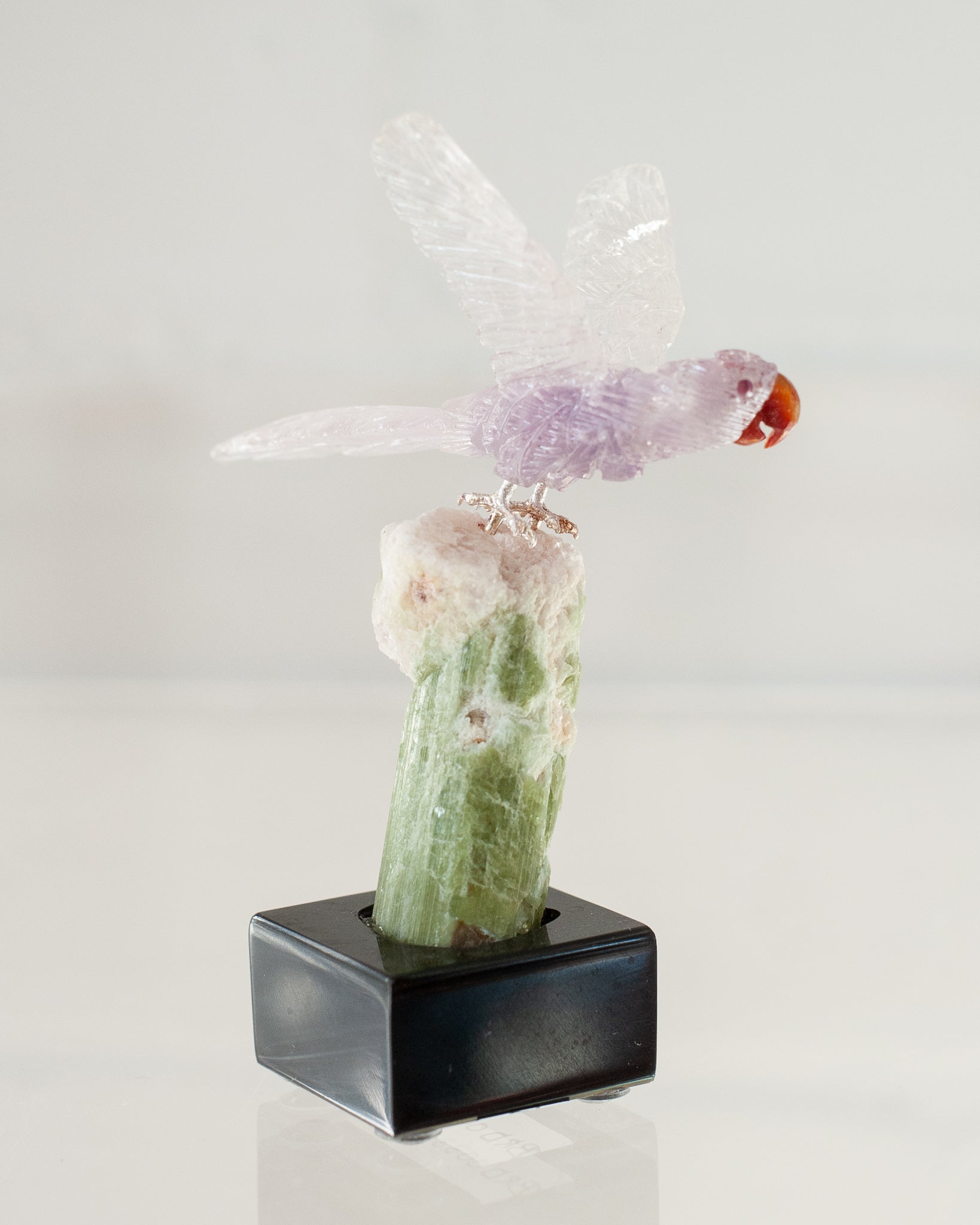 AMETHYST MACAW ON TOURMALINE & QUARTZ BASE