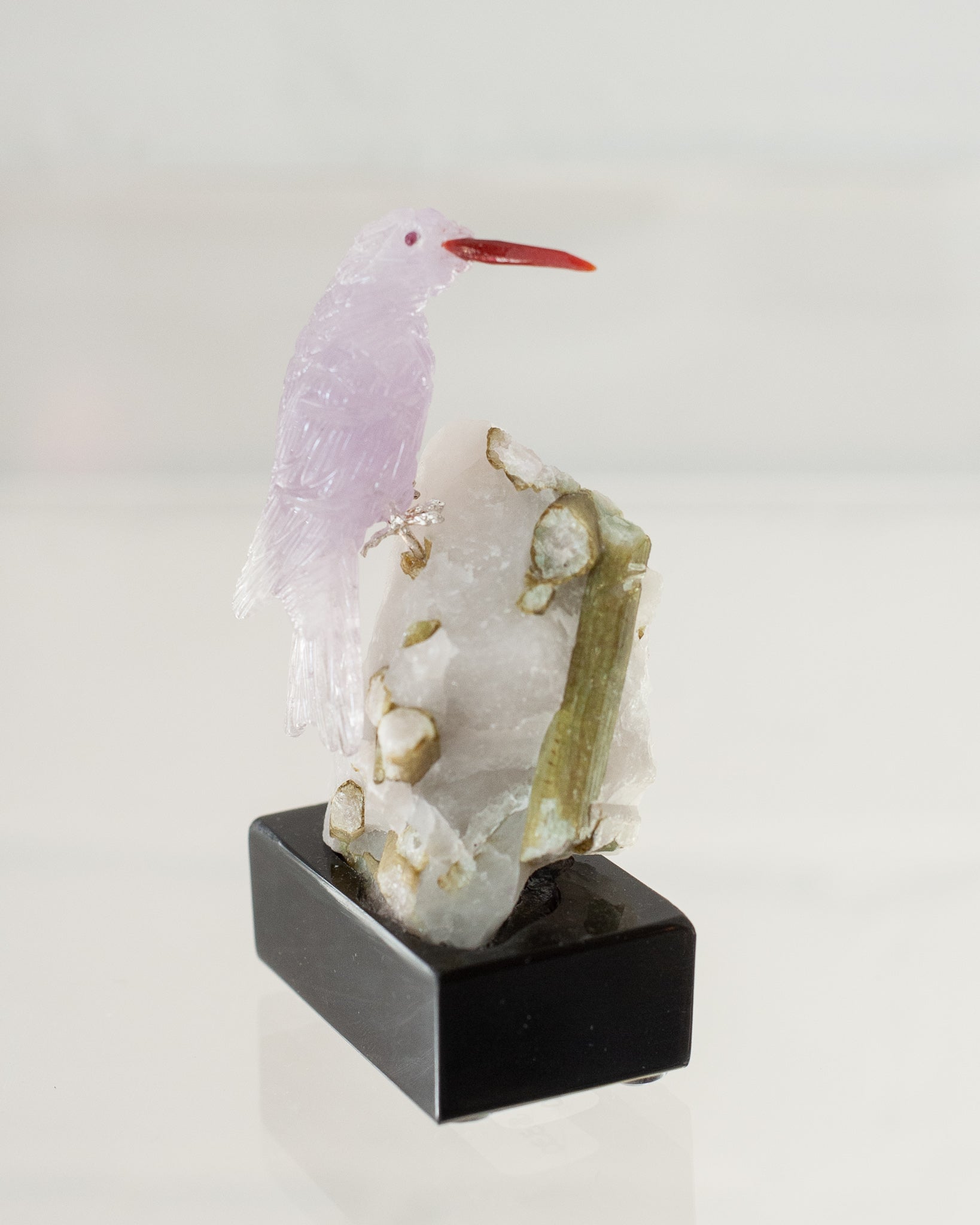 AMETHYST HUMMINGBIRD ON TOURMALINE & QUARTZ BASE