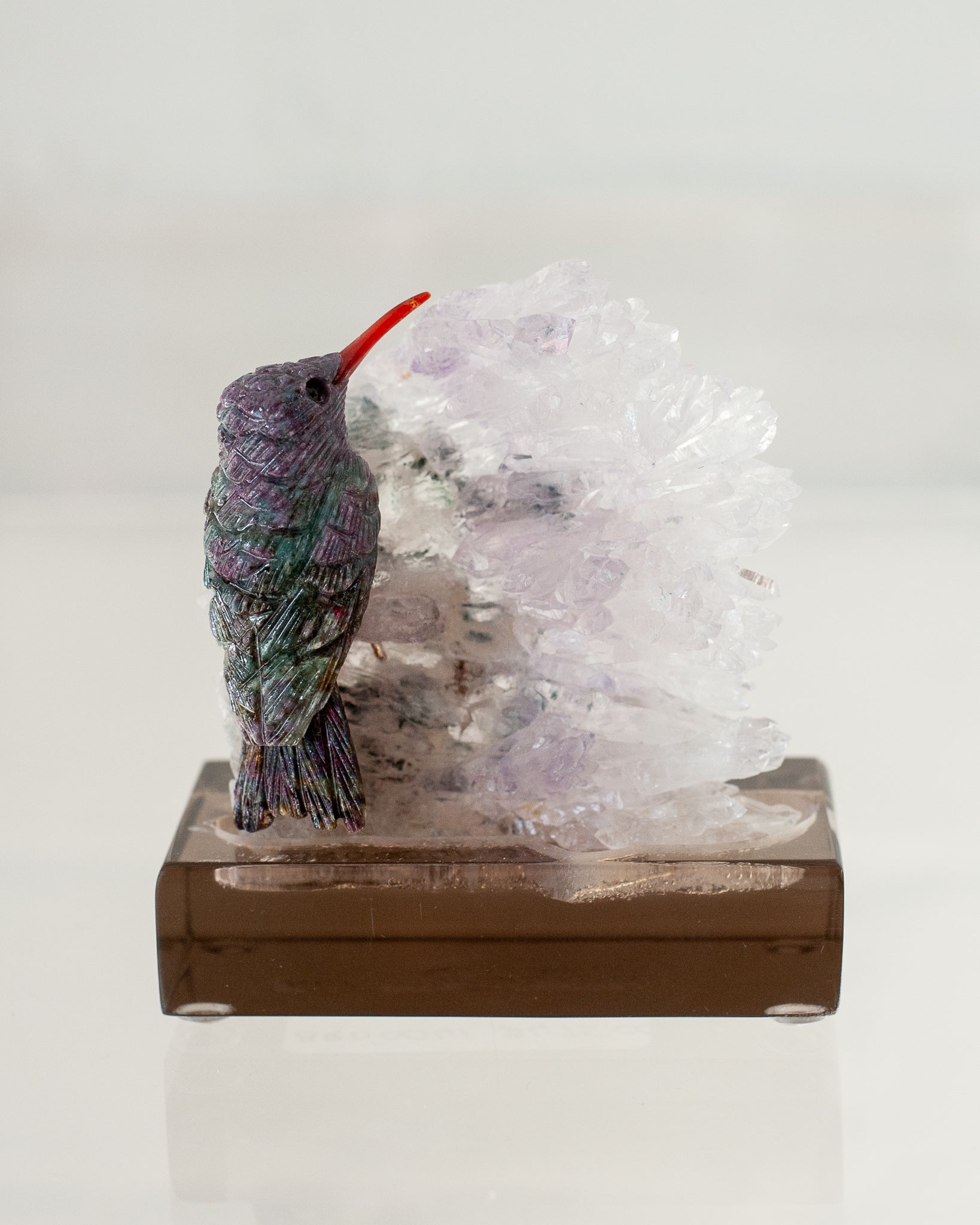RUBY HUMMINGBIRD ON AMETHYST BASE