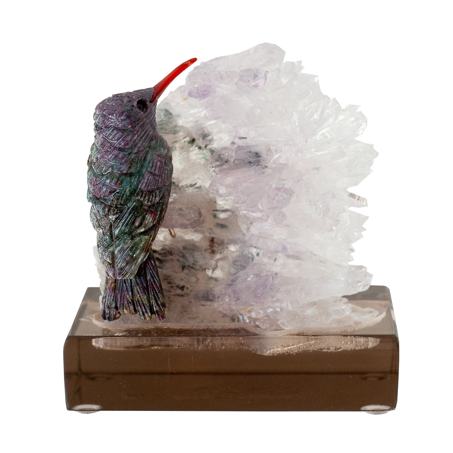 RUBY HUMMINGBIRD ON AMETHYST BASE