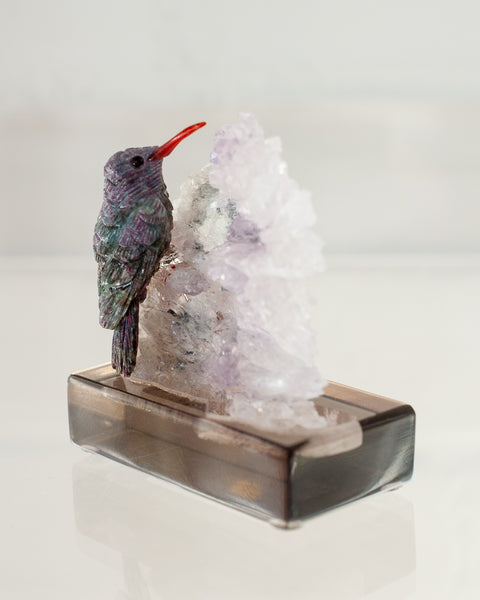 RUBY HUMMINGBIRD ON AMETHYST BASE