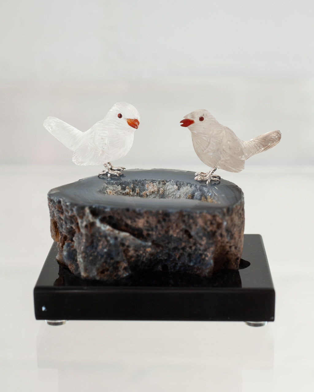 SMOKY QUARTZ SPARROW PAIR ON AGATE GEODE BASE