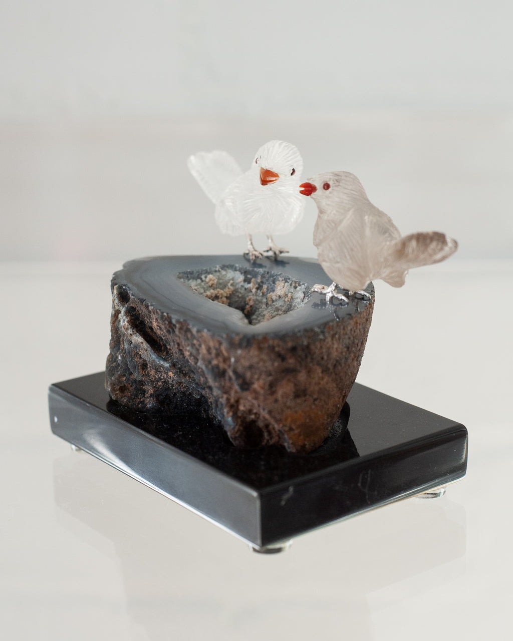 SMOKY QUARTZ SPARROW PAIR ON AGATE GEODE BASE