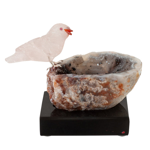 ROSE QUARTZ SPARROW ON AGATE GEODE BASE