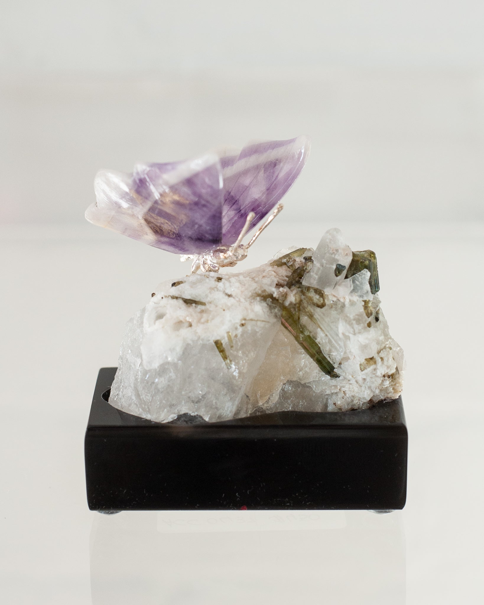 CHEVRON AMETHYST BUTTERFLY ON TOURMALINE & QUARTZ BASE