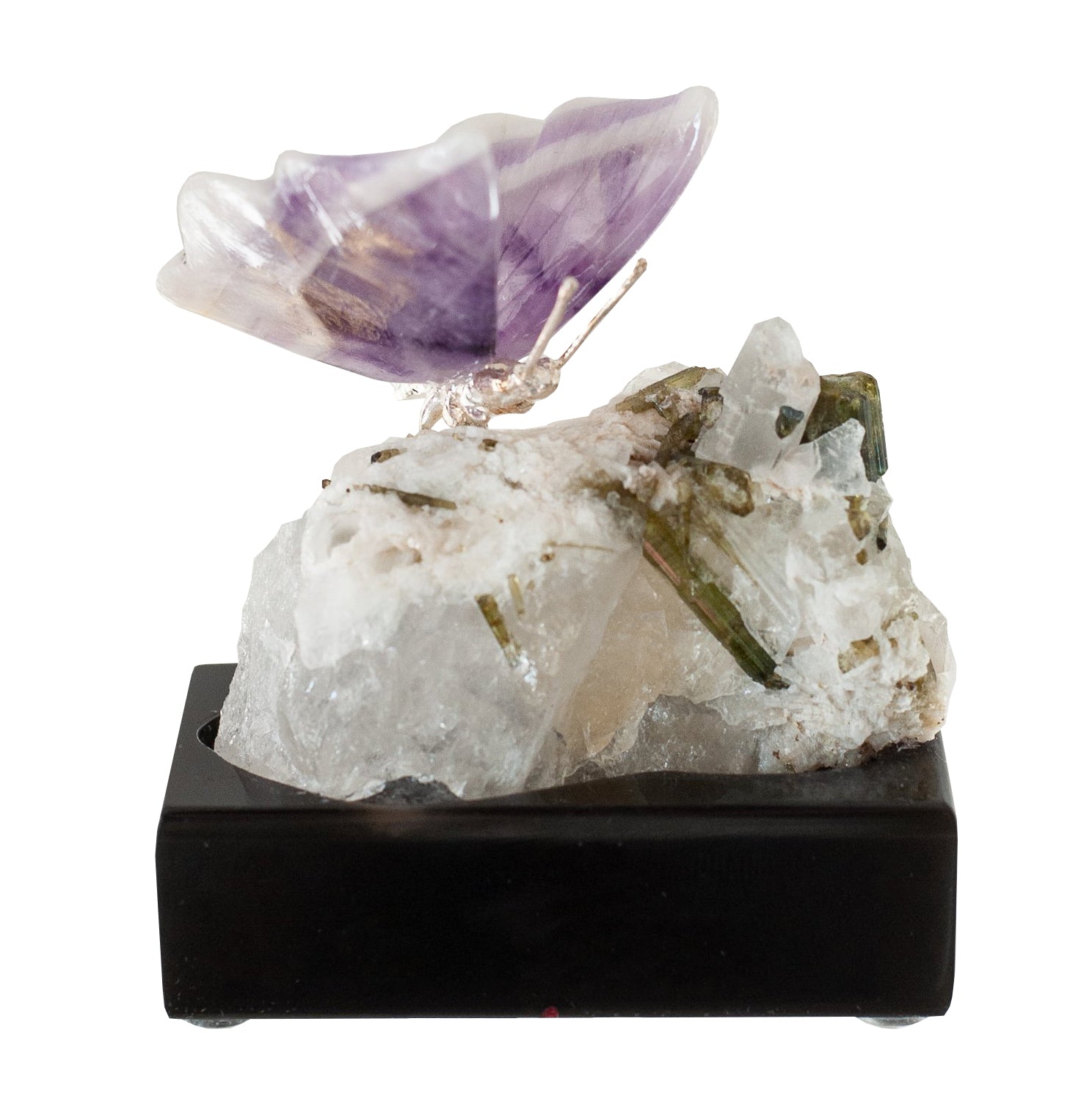 CHEVRON AMETHYST BUTTERFLY ON TOURMALINE & QUARTZ BASE