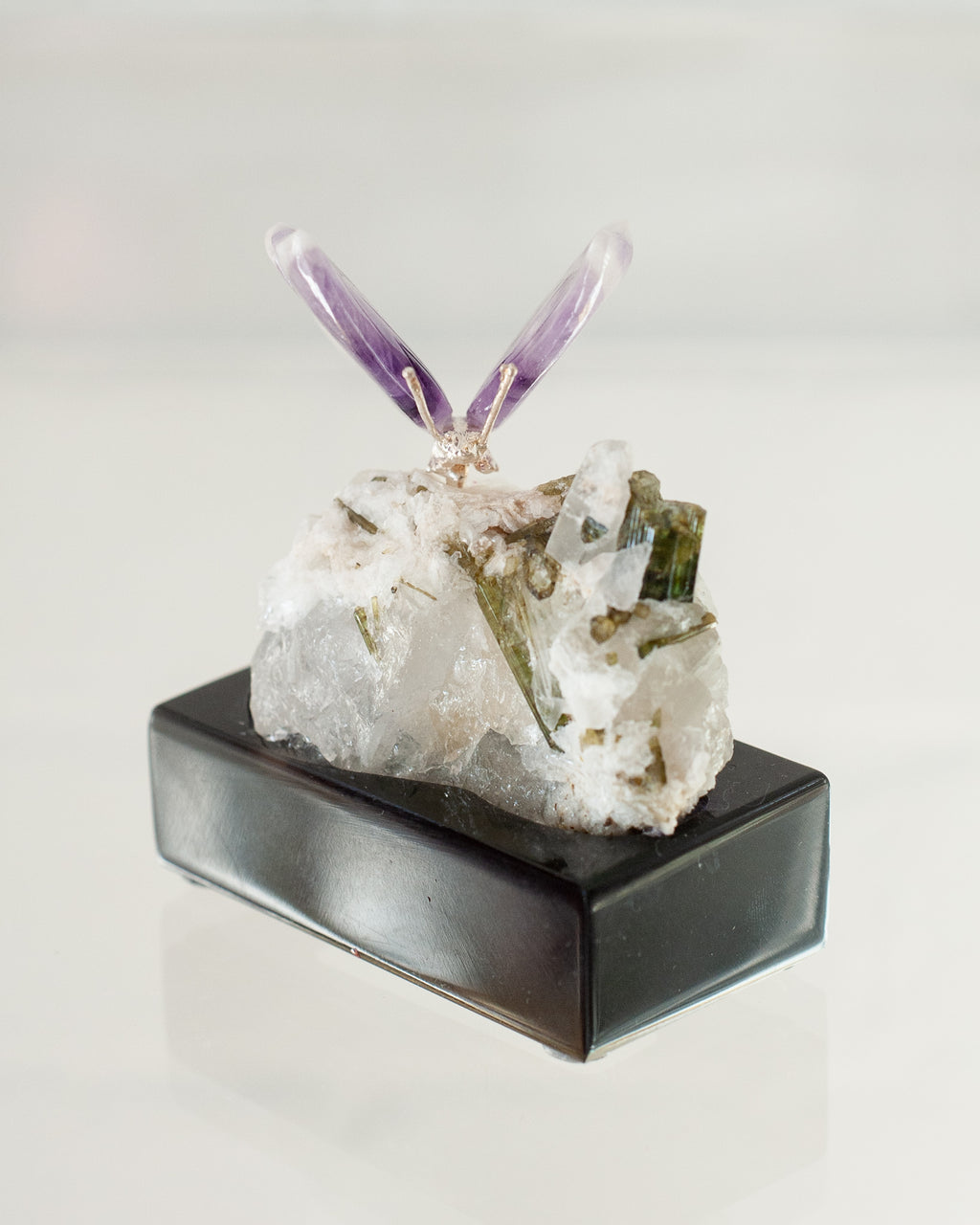 CHEVRON AMETHYST BUTTERFLY ON TOURMALINE & QUARTZ BASE
