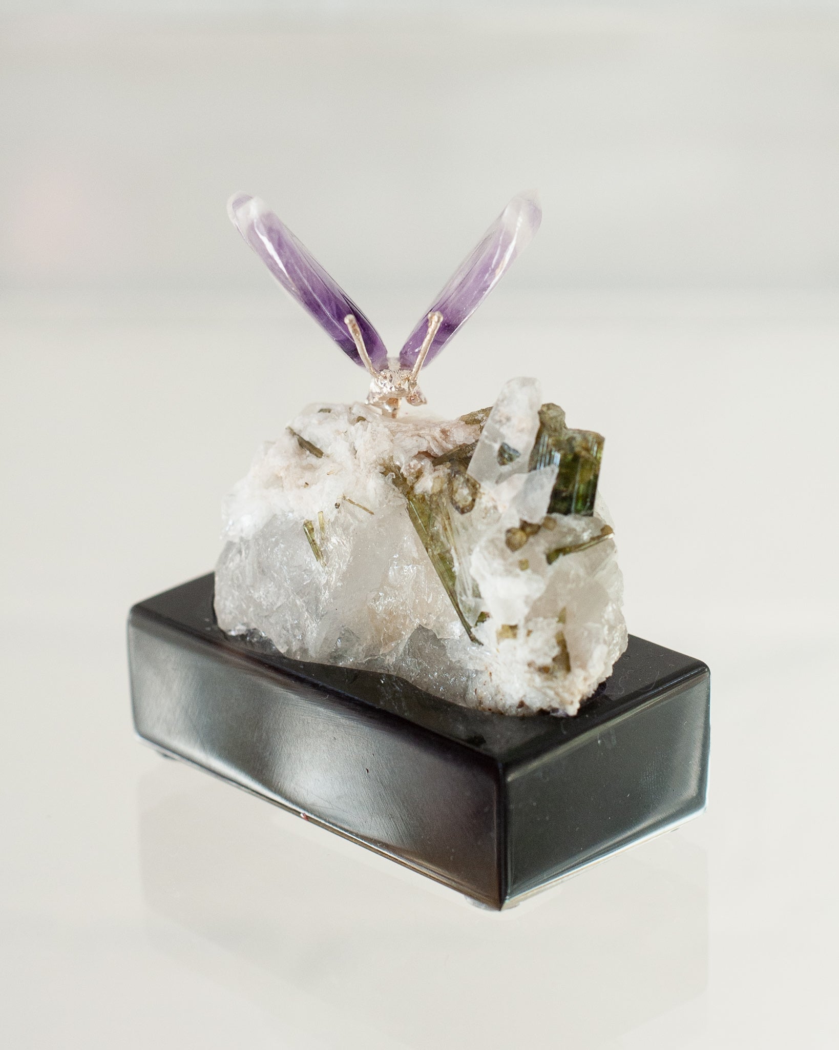 CHEVRON AMETHYST BUTTERFLY ON TOURMALINE & QUARTZ BASE