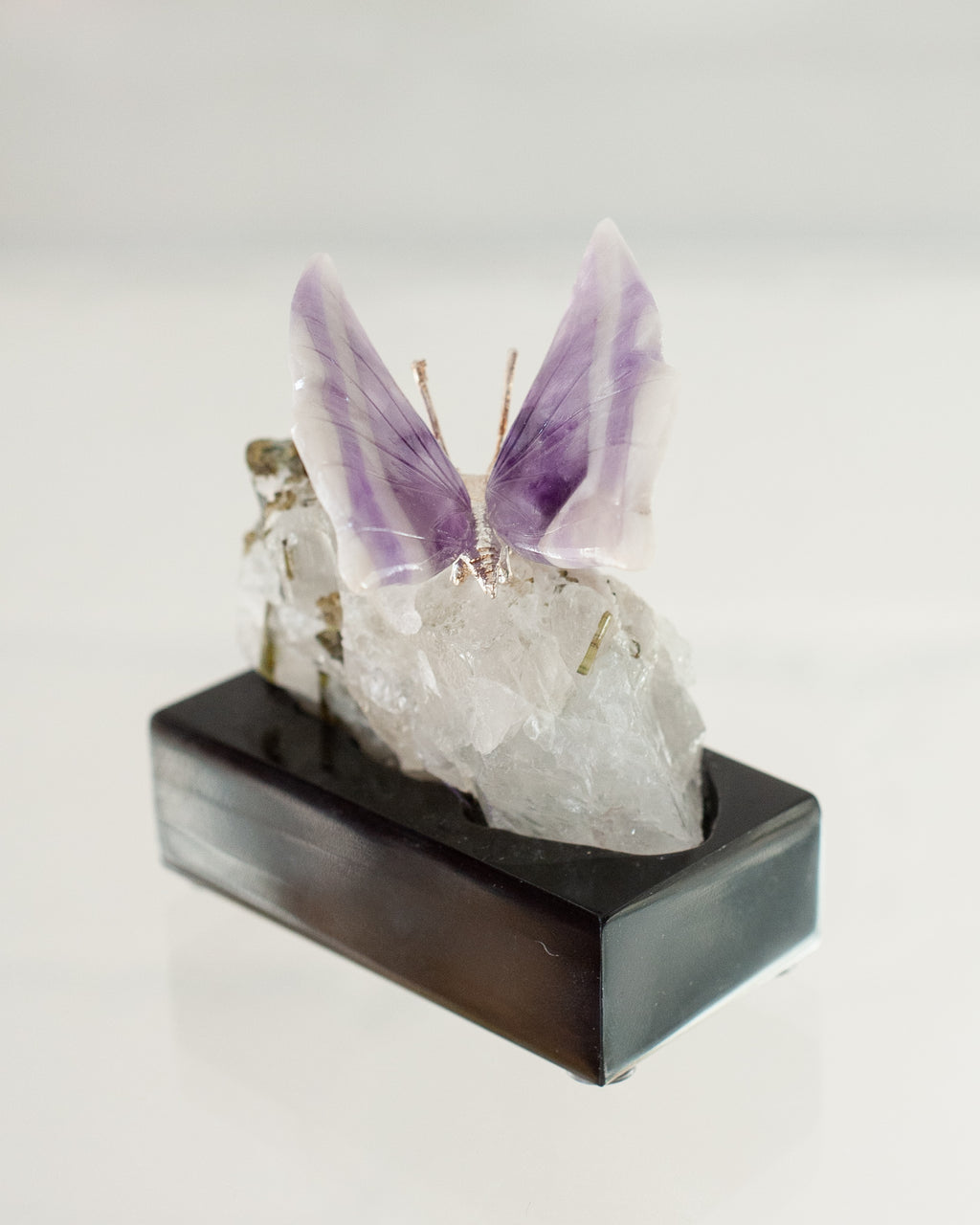 CHEVRON AMETHYST BUTTERFLY ON TOURMALINE & QUARTZ BASE