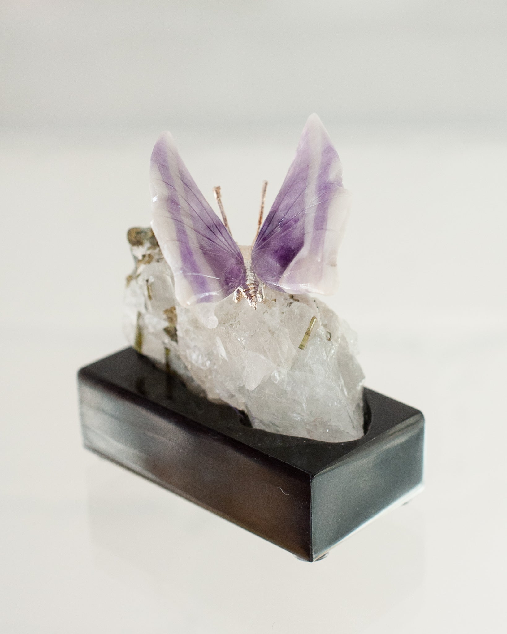 CHEVRON AMETHYST BUTTERFLY ON TOURMALINE & QUARTZ BASE