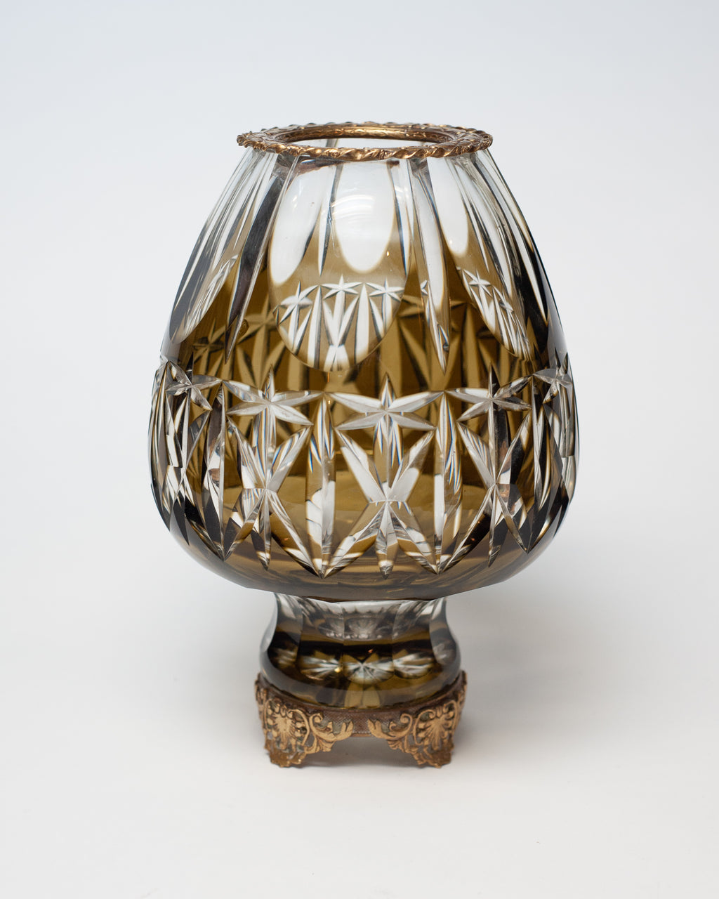 ANTIQUE BOHEMIAN GREEN CUT CRYSTAL VASE WITH BRONZE MOUNT