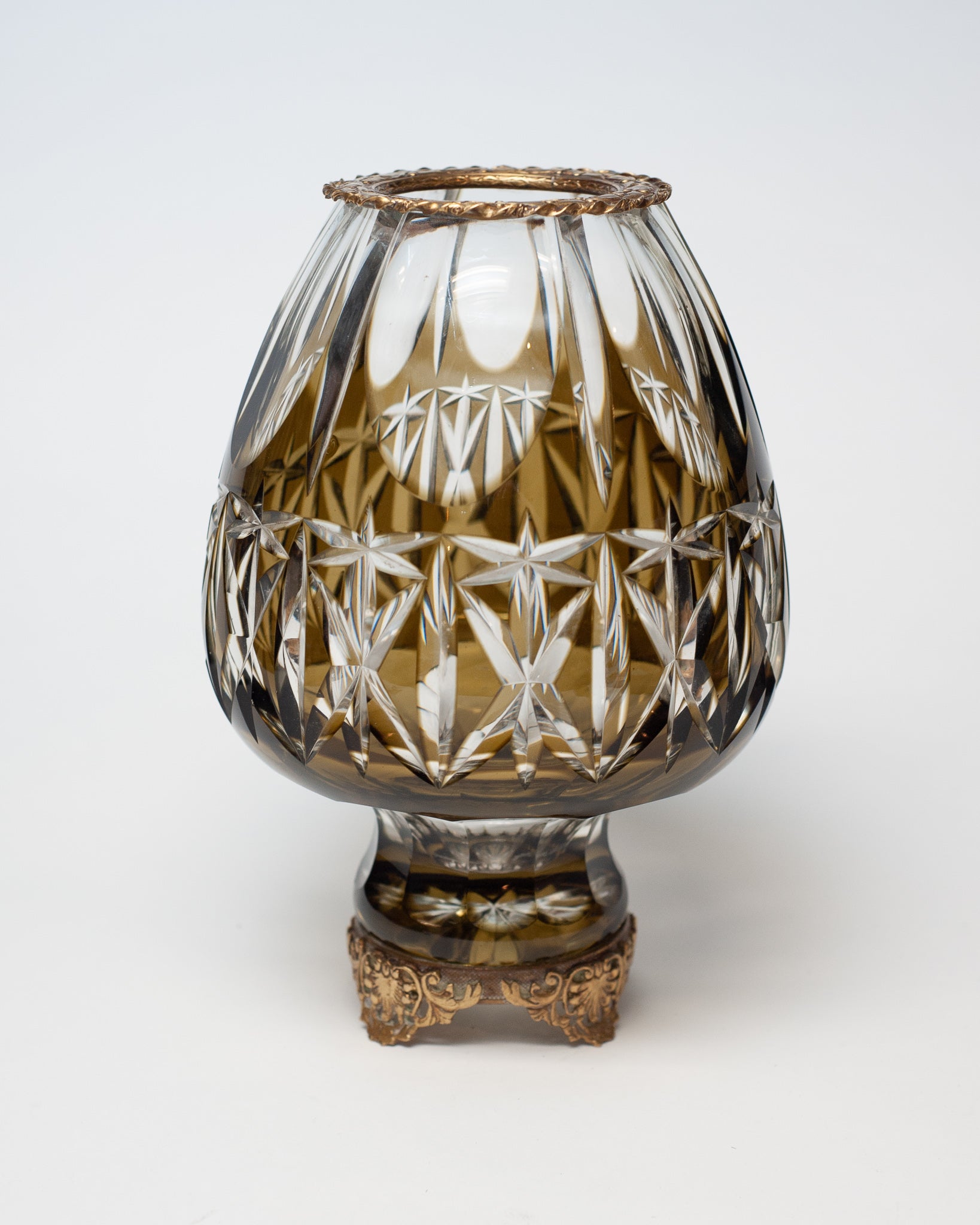 ANTIQUE BOHEMIAN GREEN CUT CRYSTAL VASE WITH BRONZE MOUNT