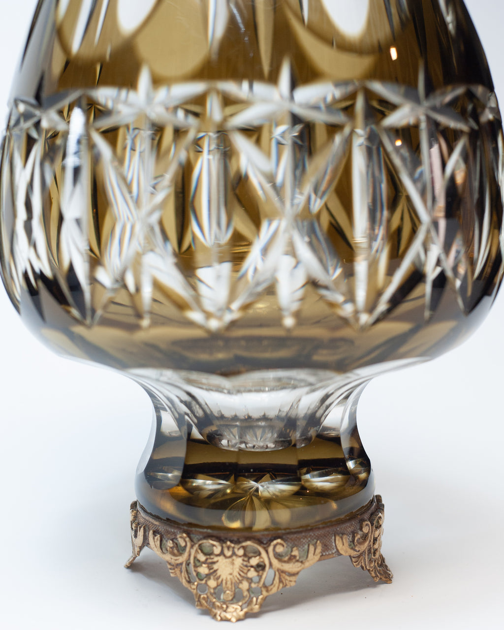 ANTIQUE BOHEMIAN GREEN CUT CRYSTAL VASE WITH BRONZE MOUNT