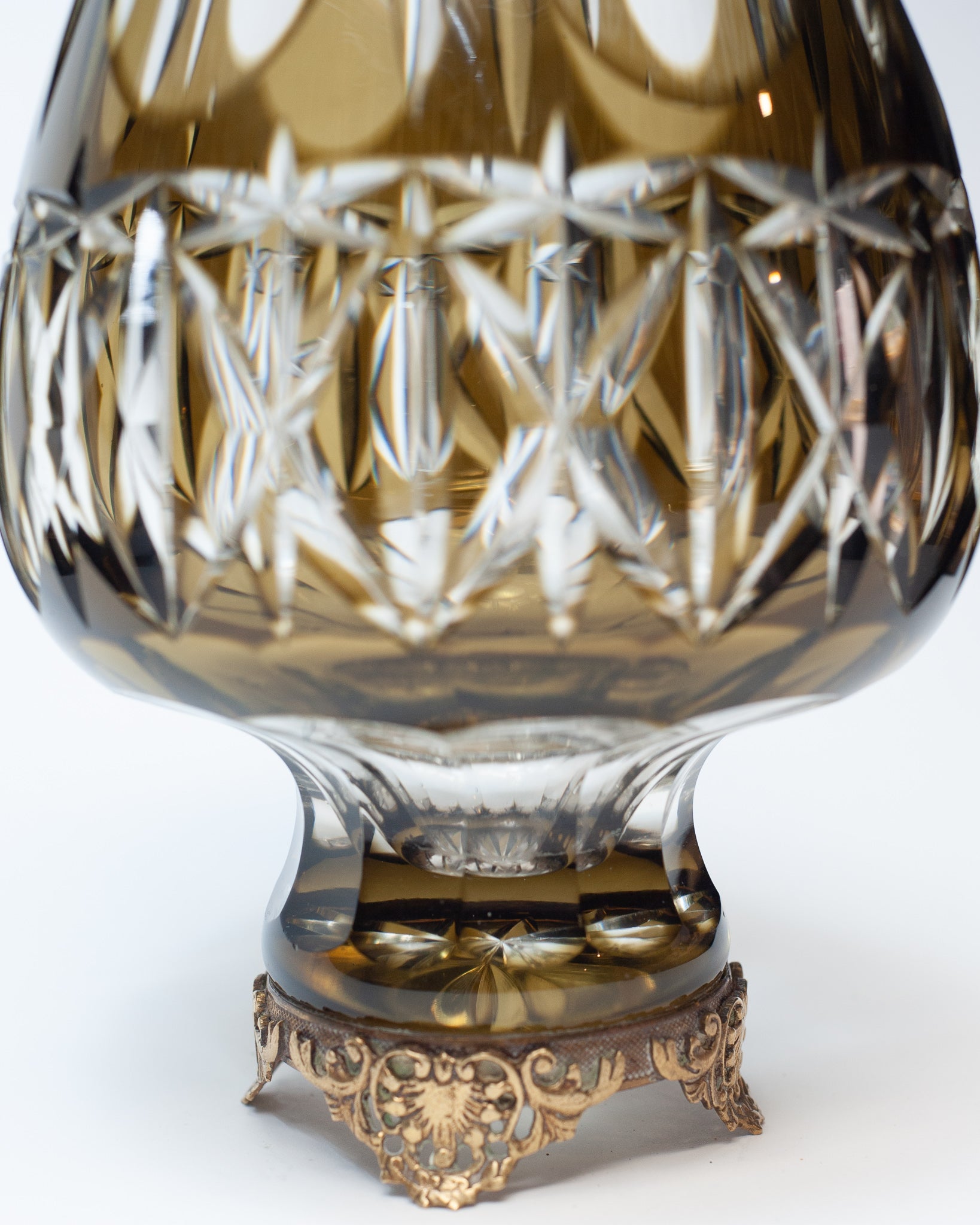 ANTIQUE BOHEMIAN GREEN CUT CRYSTAL VASE WITH BRONZE MOUNT