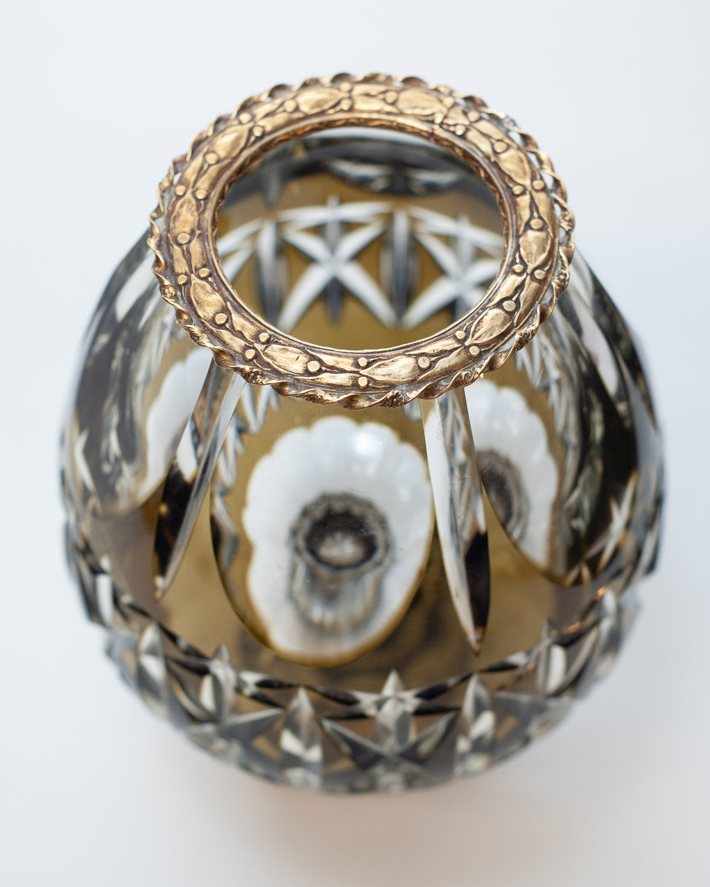 ANTIQUE BOHEMIAN GREEN CUT CRYSTAL VASE WITH BRONZE MOUNT