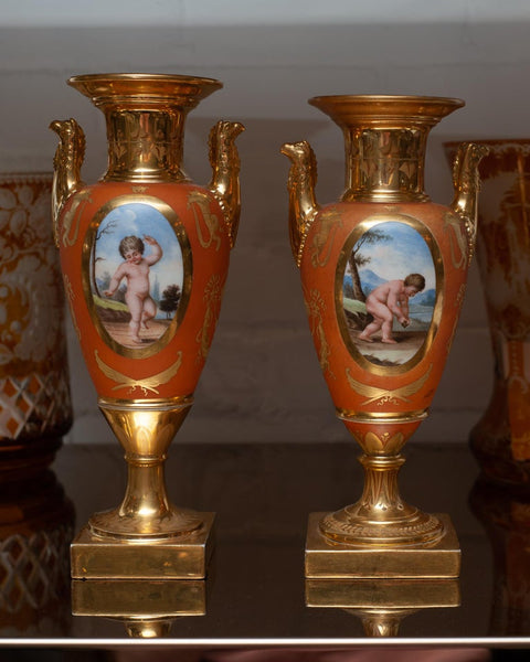 ANTIQUE FRENCH PAIR OF GERMAN HANDPAINTED VASES / URNS