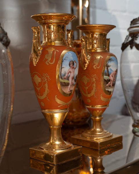 ANTIQUE FRENCH PAIR OF GERMAN HANDPAINTED VASES / URNS