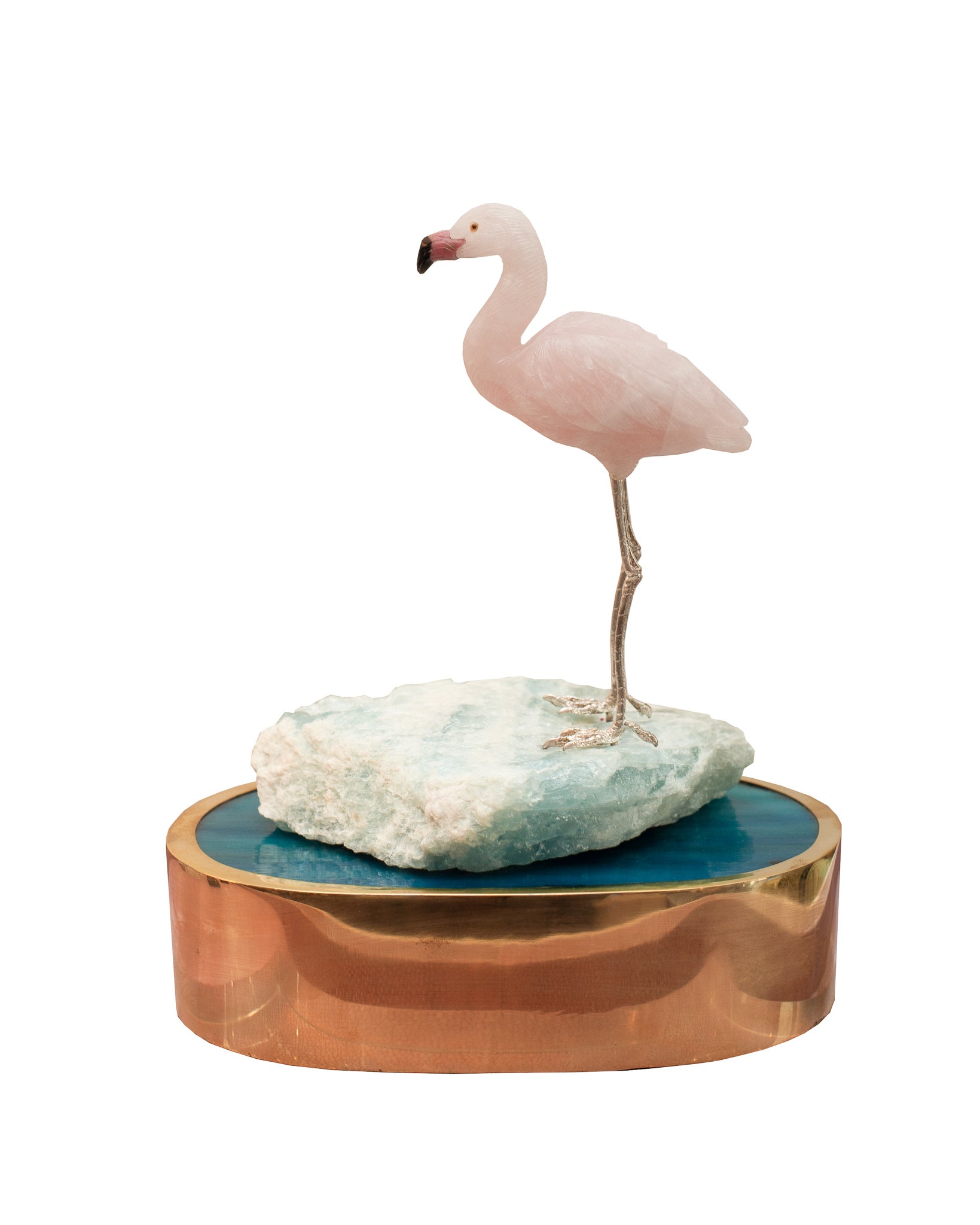 ROSE QUARTZ FLAMINGO ON AQUAMARINE BASE