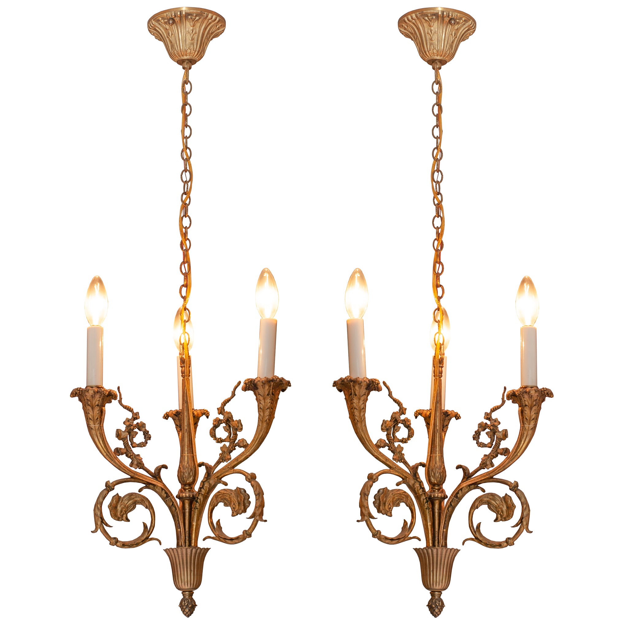 ANTIQUE PAIR OF FRENCH BRONZE CHANDELIERS WITH ROOSTER MOTIF