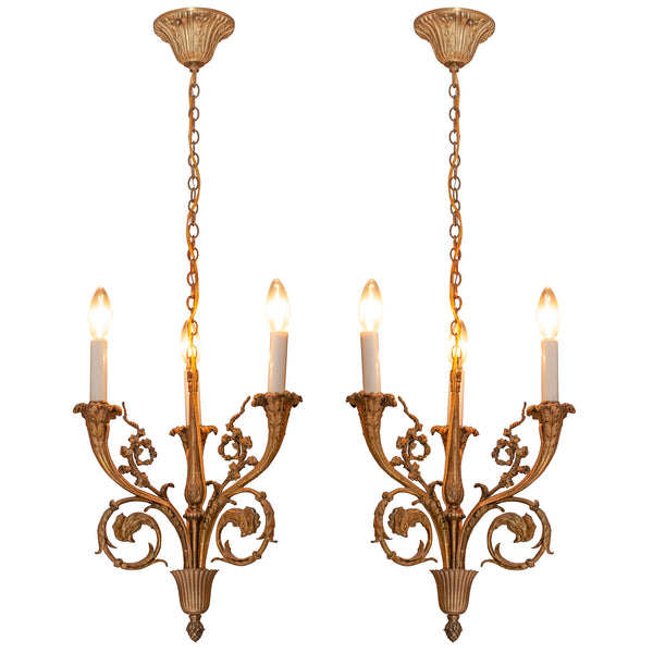 ANTIQUE PAIR OF FRENCH BRONZE CHANDELIERS WITH ROOSTER MOTIF