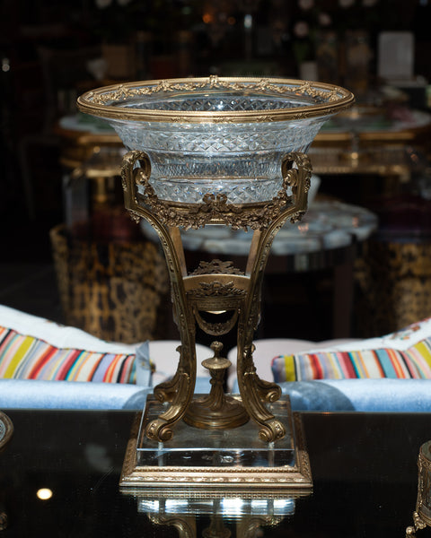 ANTIQUE FRENCH CUT CRYSTAL COMPOTE / BOWL WITH BRONZE FOOTED BASE