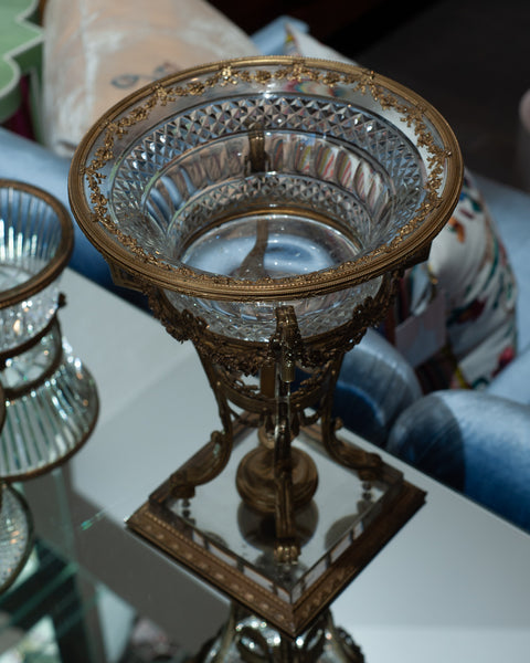 ANTIQUE FRENCH CUT CRYSTAL COMPOTE / BOWL WITH BRONZE FOOTED BASE