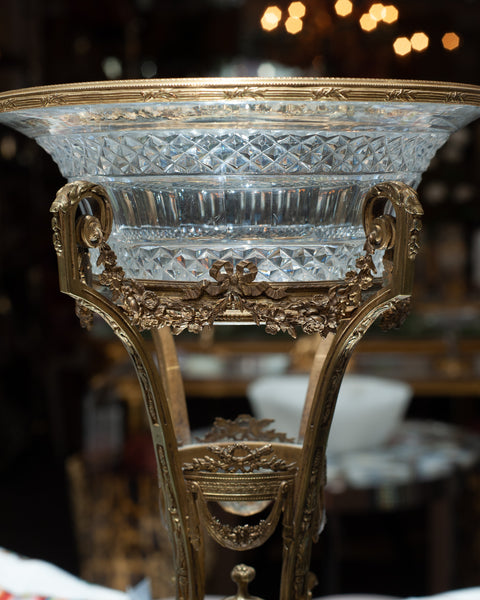 ANTIQUE FRENCH CUT CRYSTAL COMPOTE / BOWL WITH BRONZE FOOTED BASE