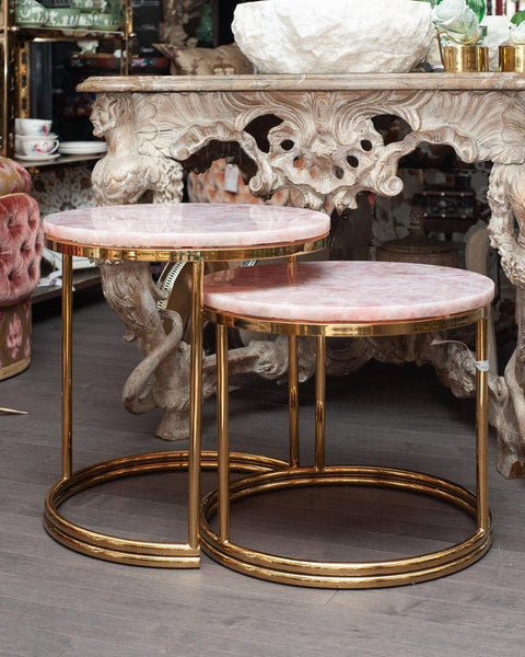 MID CENTURY ROSE QUARTZ AND BRASS NESTING TABLES