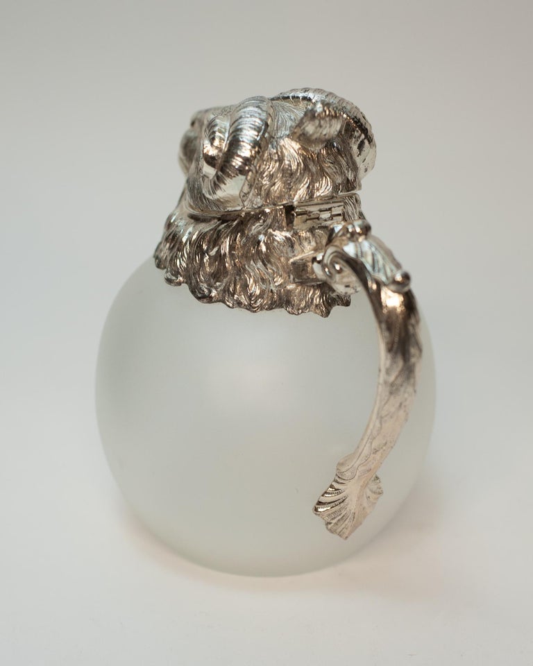 MID CENTURY SILVERPLATE AND GLASS RAM’S HEAD DECANTER