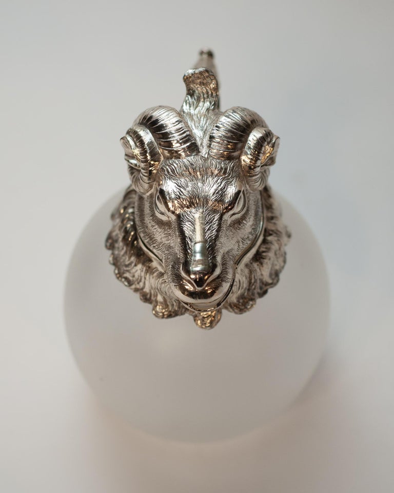 MID CENTURY SILVERPLATE AND GLASS RAM’S HEAD DECANTER