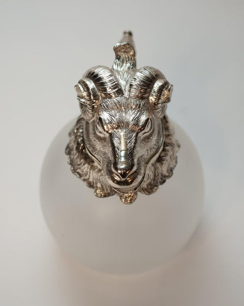 MID CENTURY SILVERPLATE AND GLASS RAM’S HEAD DECANTER