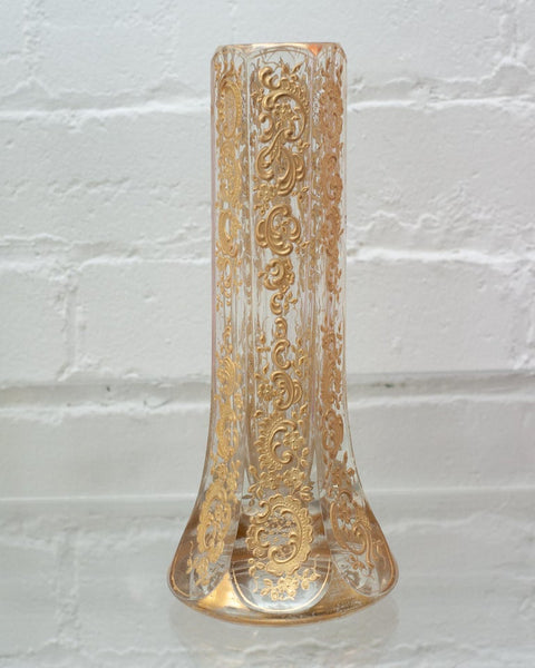 ANTIQUE MOSER CLEAR FLARED VASE WITH HEAVY GILDING