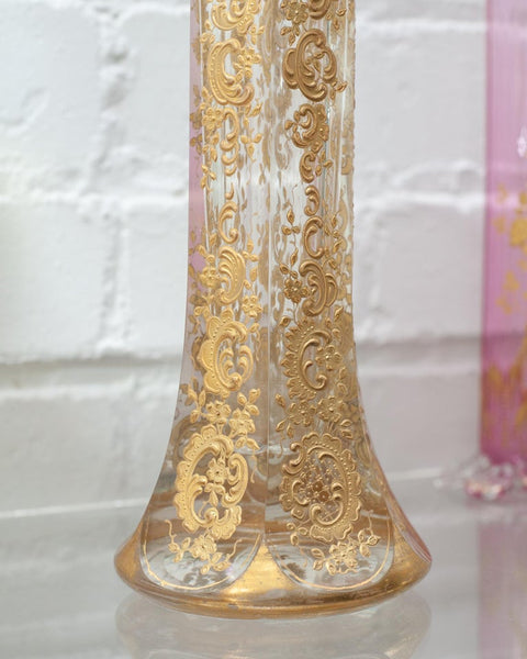 ANTIQUE MOSER CLEAR FLARED VASE WITH HEAVY GILDING