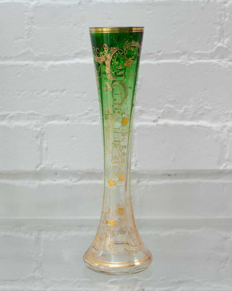 ANTIQUE MOSER GREEN TO CLEAR VASE WITH GILDED DETAIL
