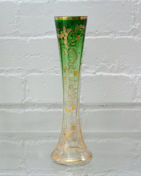 ANTIQUE MOSER GREEN TO CLEAR VASE WITH GILDED DETAIL