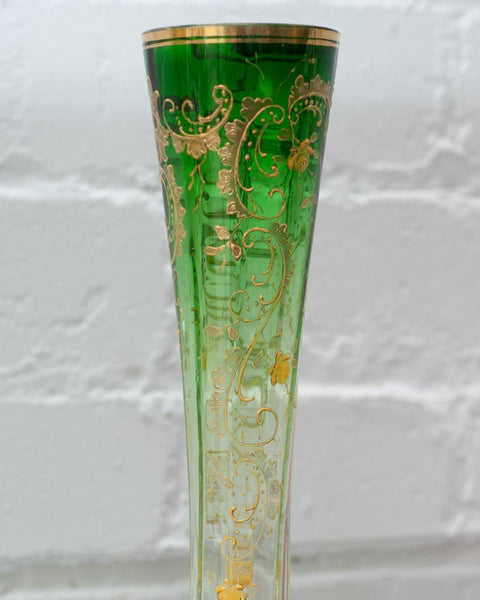 ANTIQUE MOSER GREEN TO CLEAR VASE WITH GILDED DETAIL