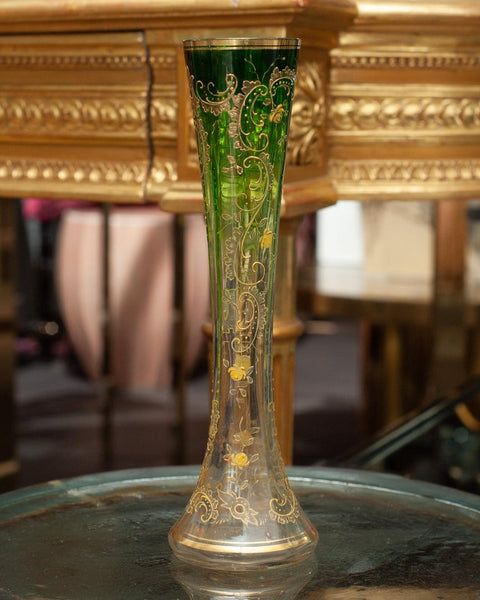 ANTIQUE MOSER GREEN TO CLEAR VASE WITH GILDED DETAIL