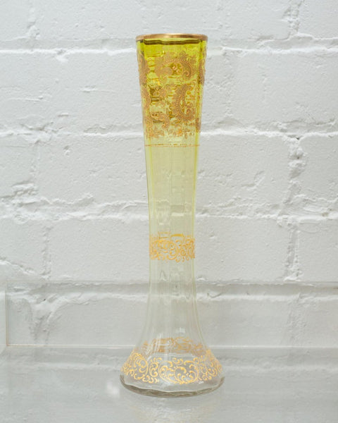 ANTIQUE MOSER YELLOW TO CLEAR VASE WITH GILDED DETAIL