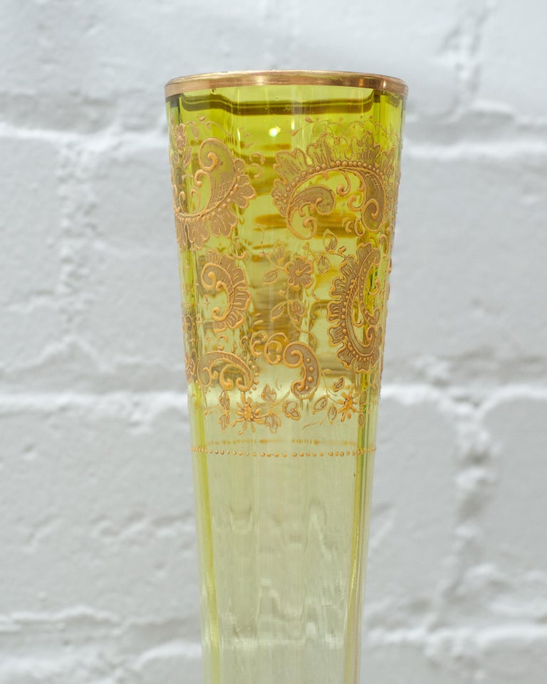 ANTIQUE MOSER YELLOW TO CLEAR VASE WITH GILDED DETAIL