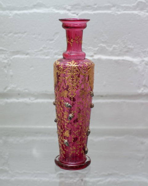 ANTIQUE MOSER CRANBERRY BUD VASE WITH GILDING AND ACORNS